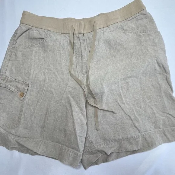 J. Jill Elastic Tie Waist Linen Khaki Cargo Shorts Size 10 - Picture 3 of 8